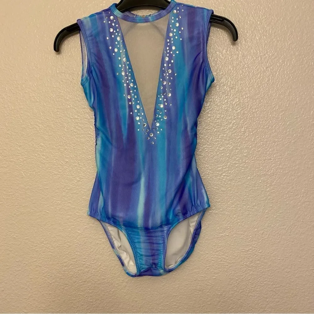 LA designs Custom Solo rhinestoned Dance Costume Leotard blue mesh LC XLC